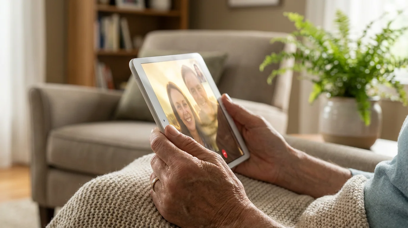 Close-up of a senior's hands holding a tablet in a cozy home setting.