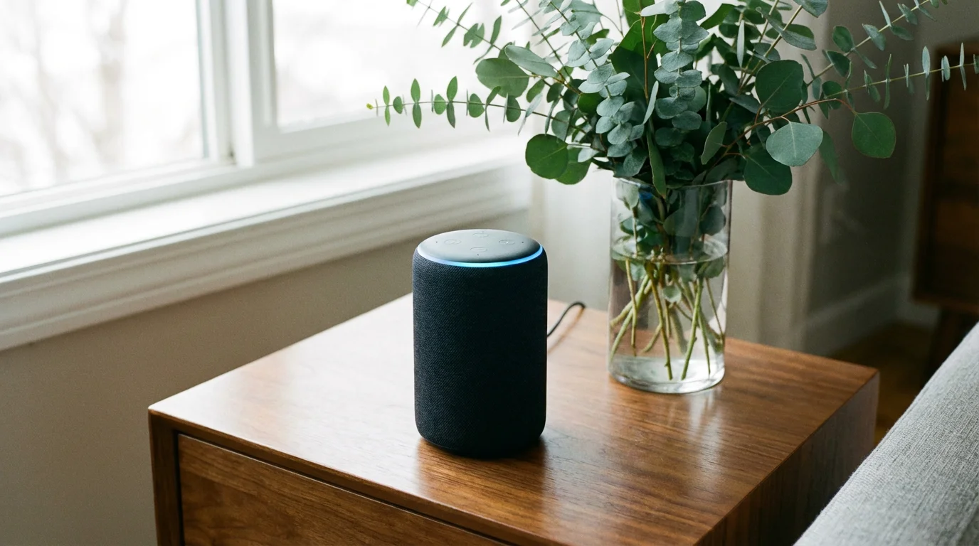 Close-up of a smart speaker glowing blue on a modern wooden table.