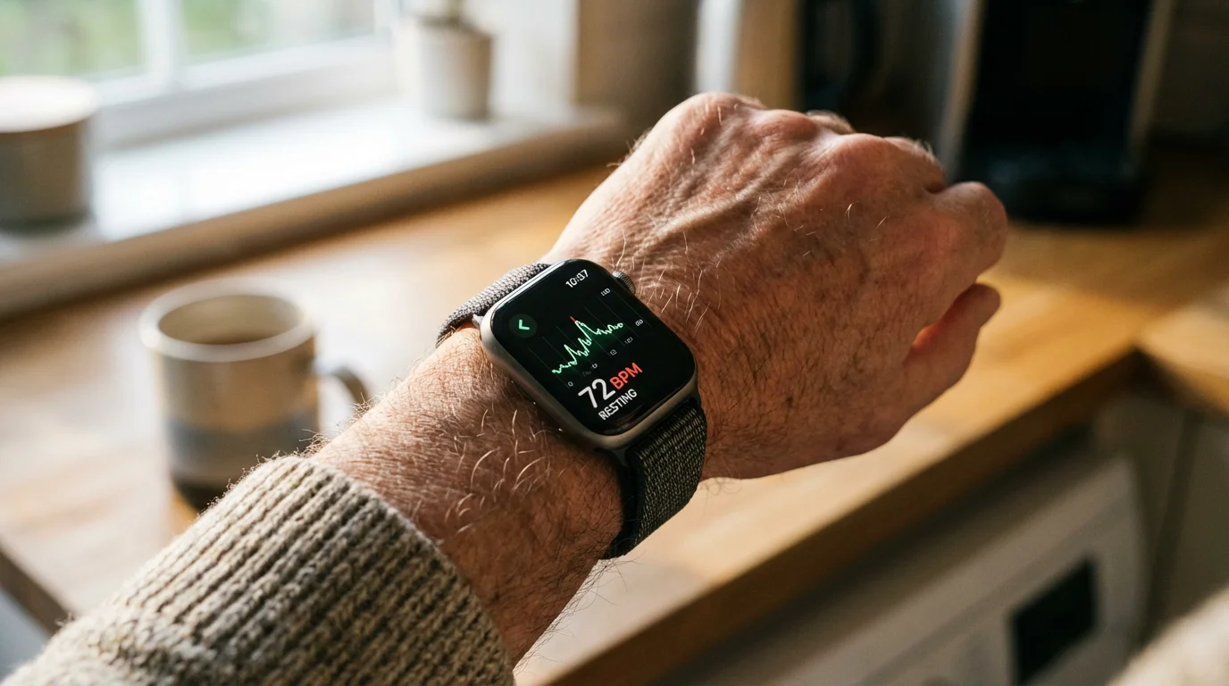 Close-up of a smartwatch on a man's wrist showing heart rate data.