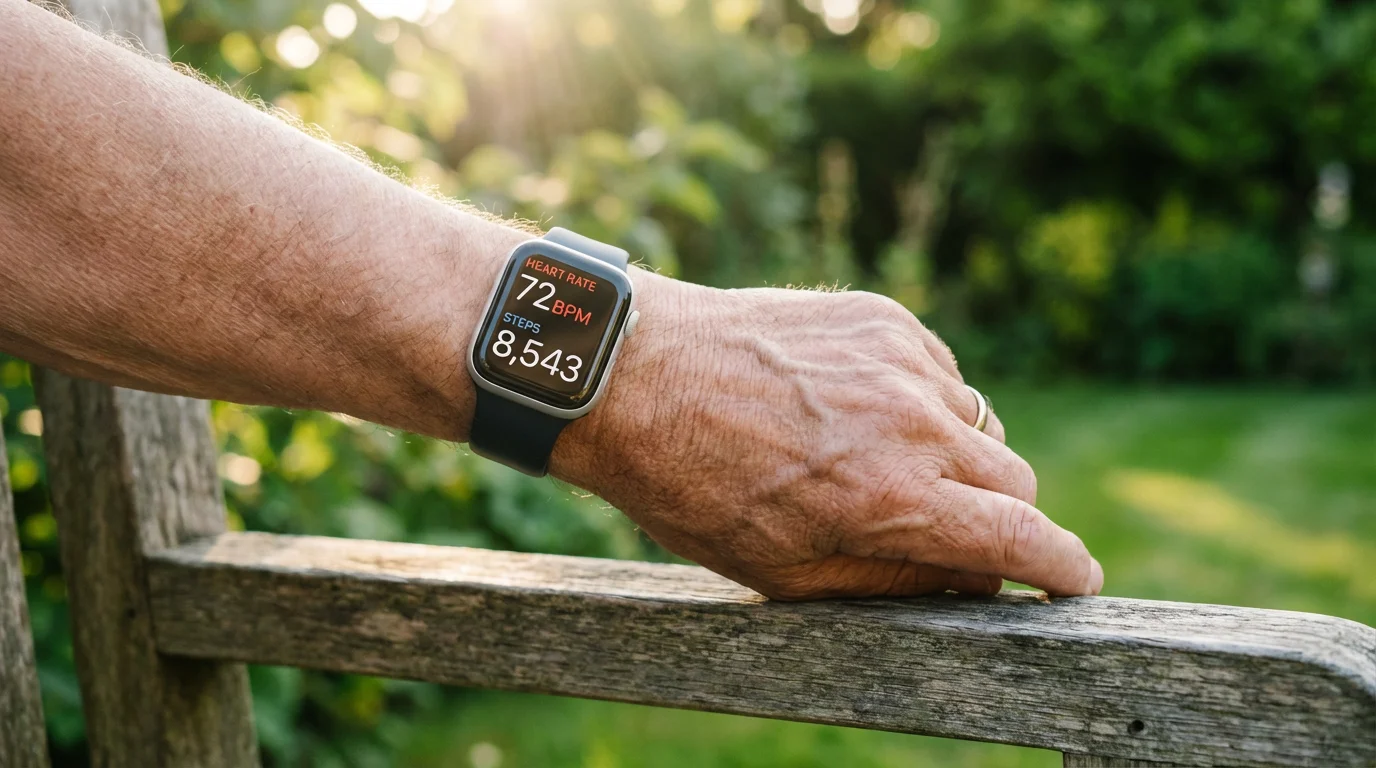 Close-up of a smartwatch on a senior's wrist showing heart rate and activity metrics.