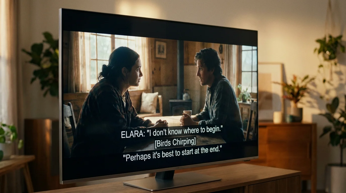 Close-up of a TV screen showing dialogue and sound effect descriptions in closed caption format.