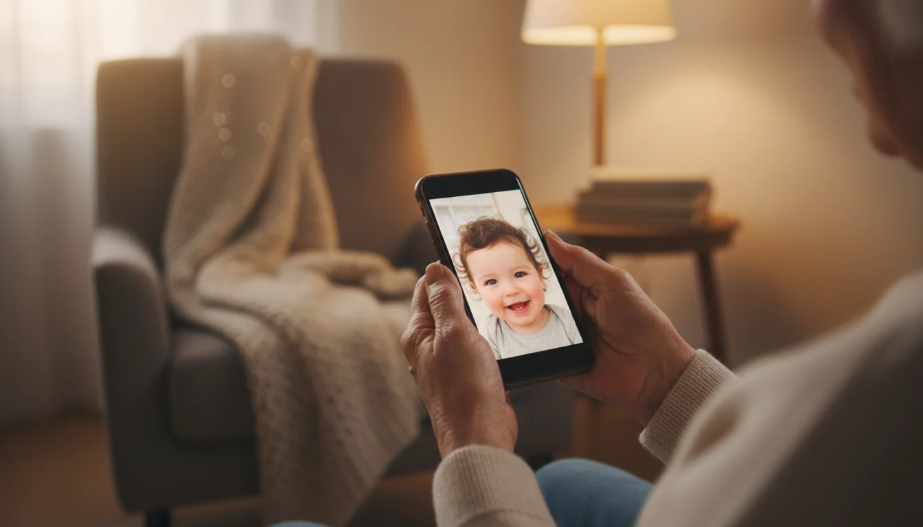 Close-up of hands holding a phone showing a photo of a grandchild.