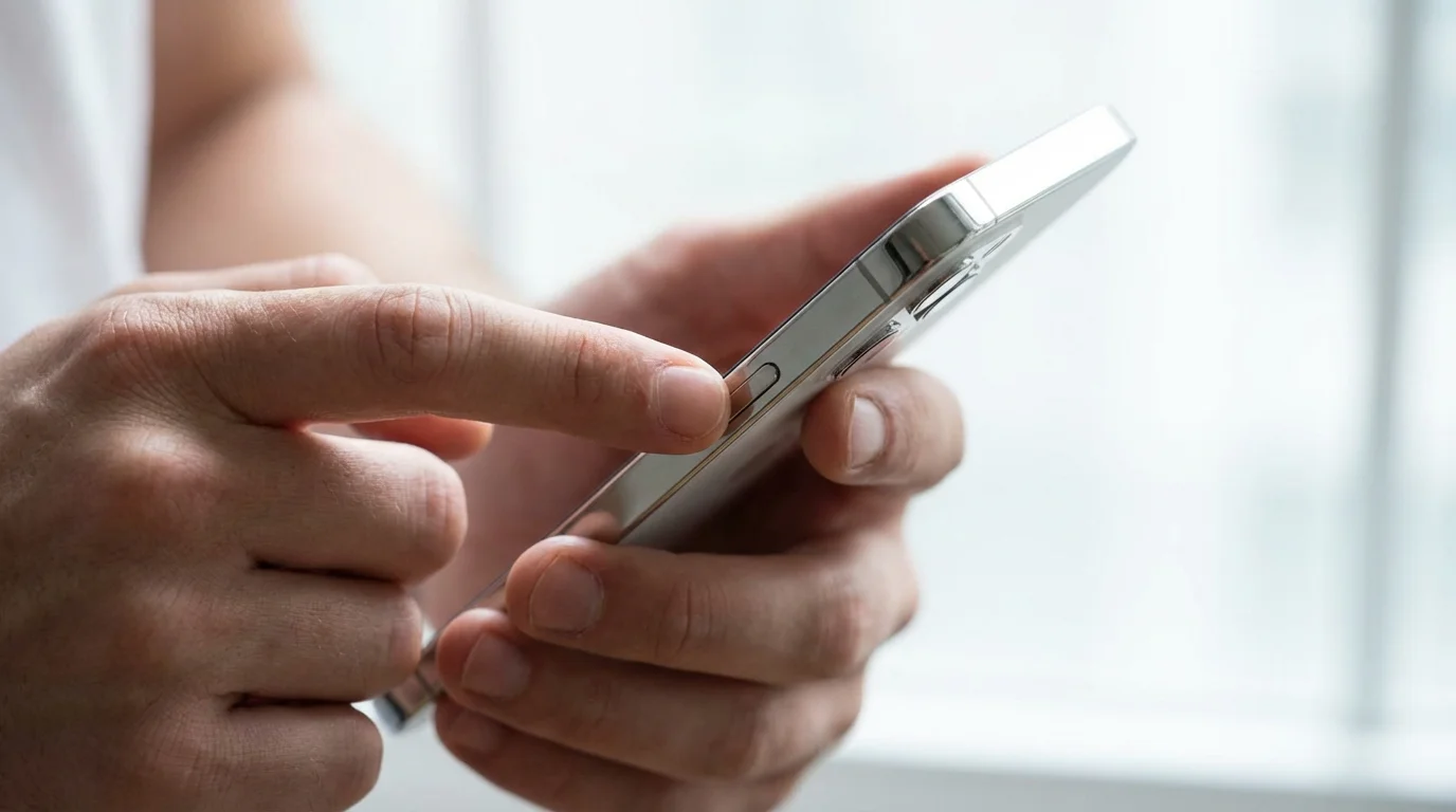 Close-up of hands holding a smartphone, highlighting the side ringer switch.