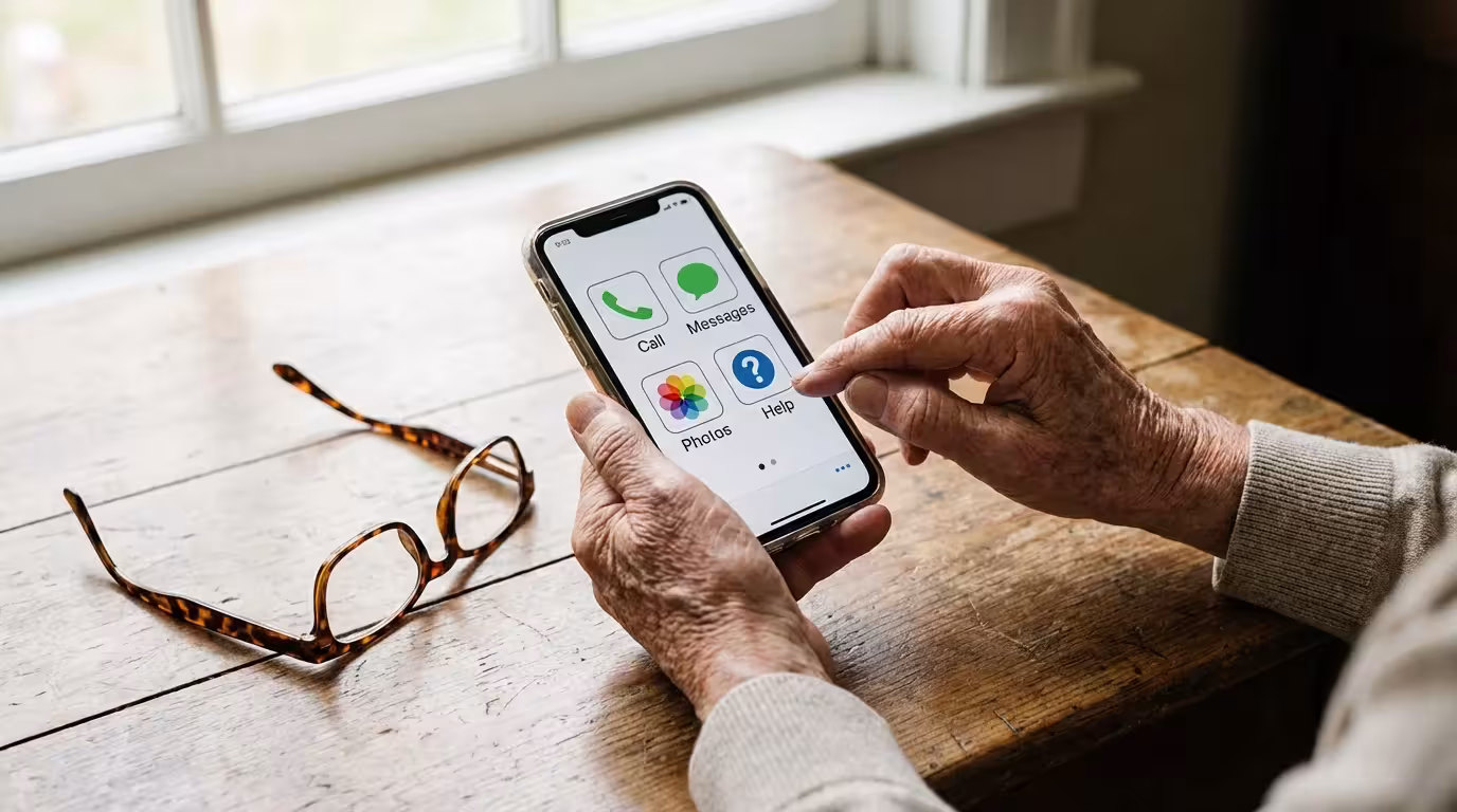 Close-up of hands holding a smartphone on a wooden table.
