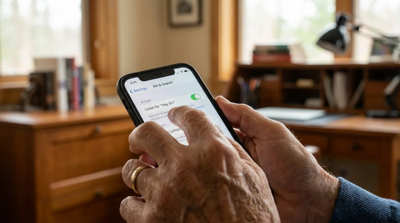 Close-up of hands holding a smartphone showing the Siri settings menu.
