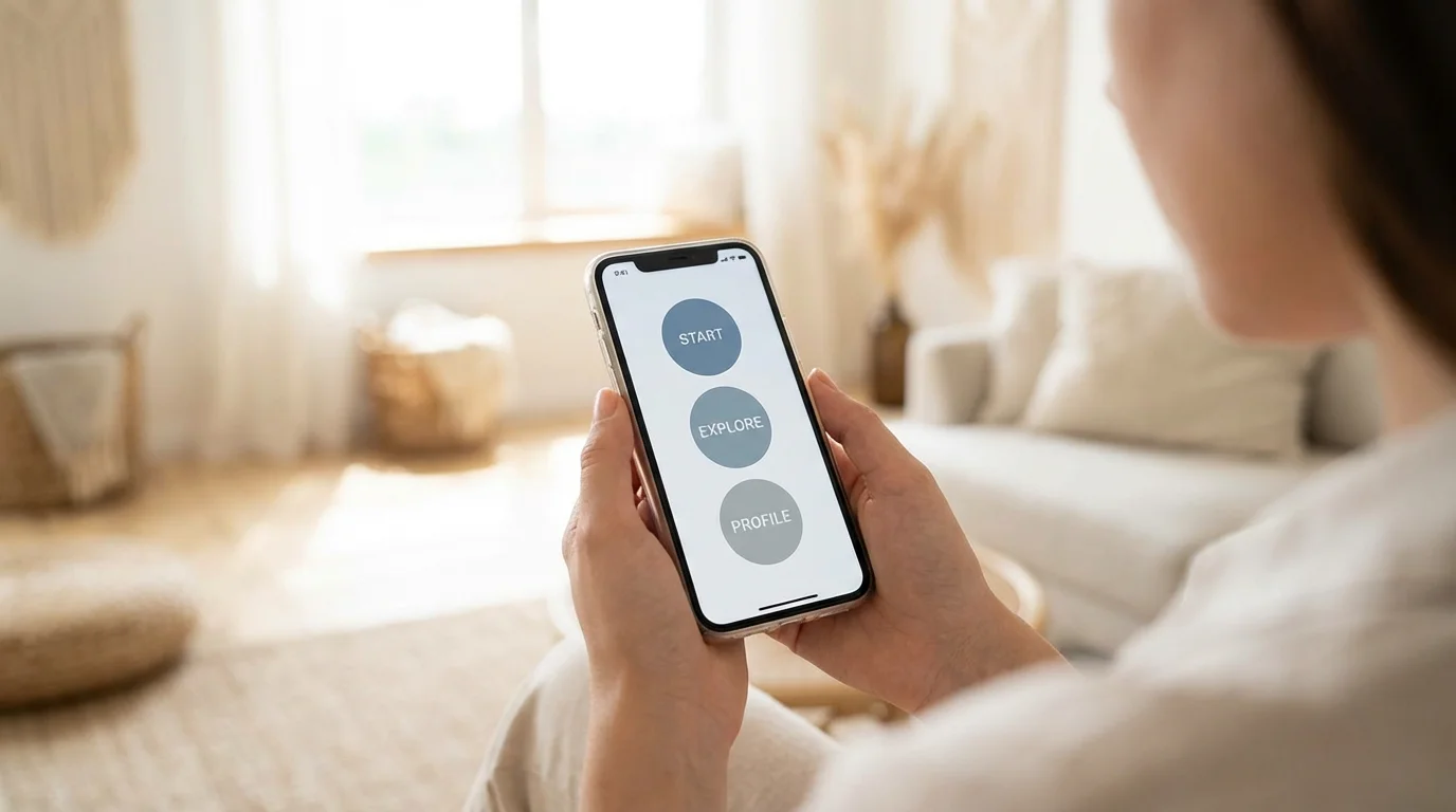 Close-up of hands holding a smartphone with a clean app interface on the screen.