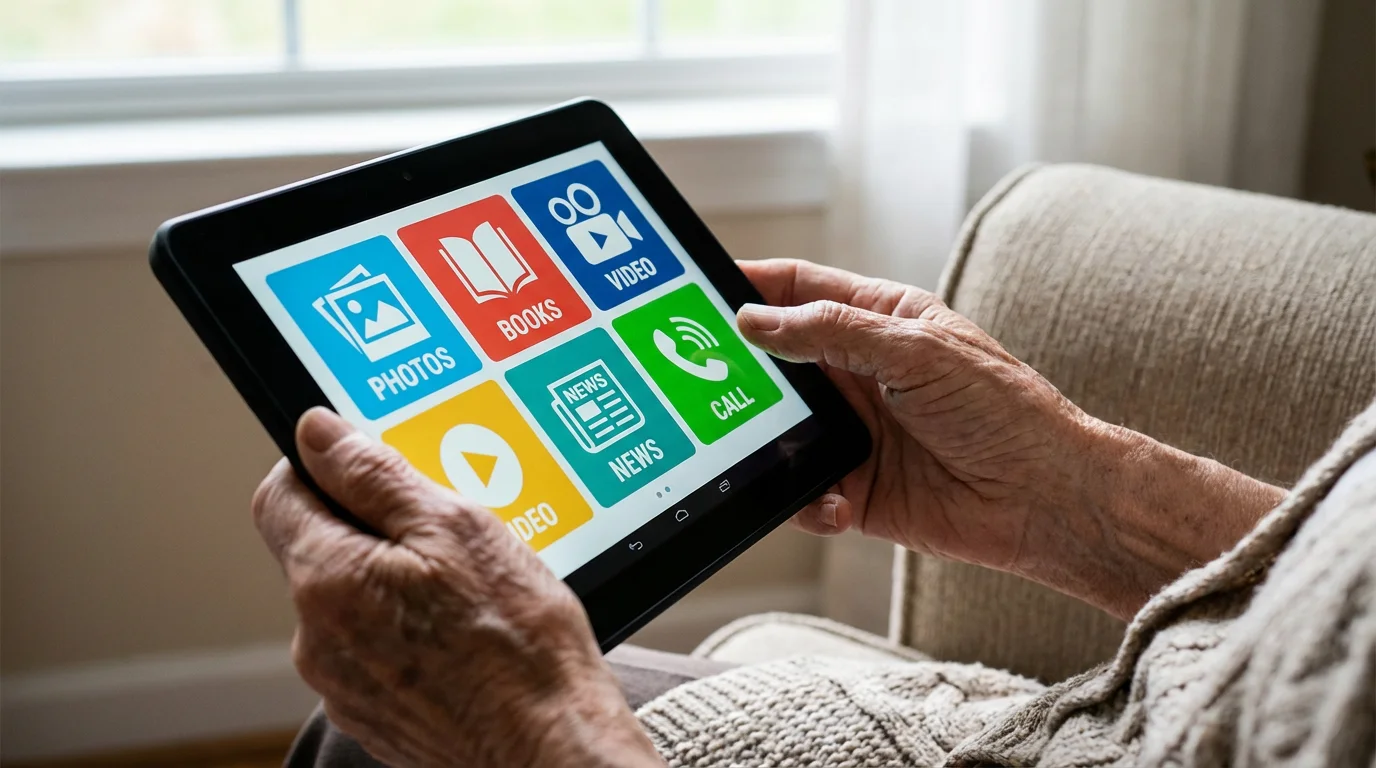 Close-up of hands holding a tablet with large, easy-to-read icons on a bright screen.