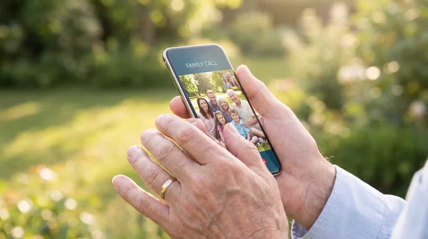 Close-up of hands holding an iPhone during a family video call.