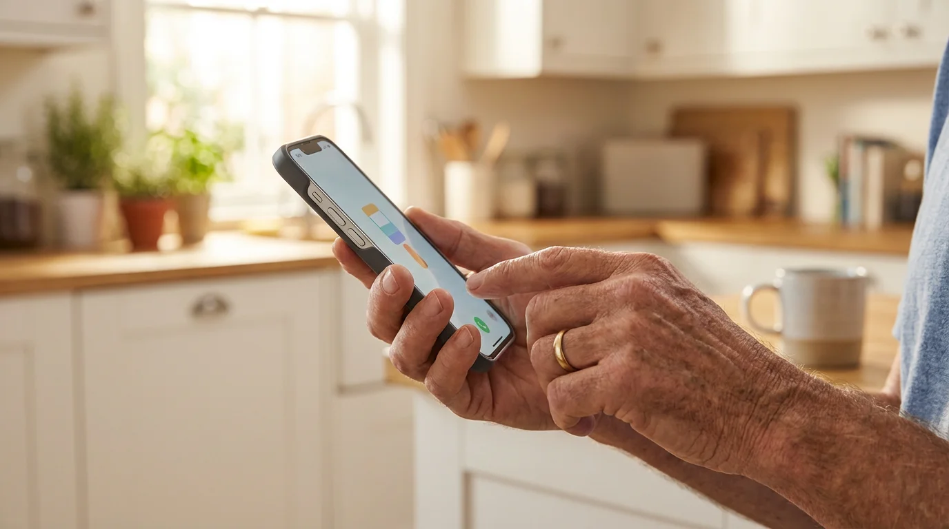 Close-up of hands holding an iPhone in a well-lit home setting.
