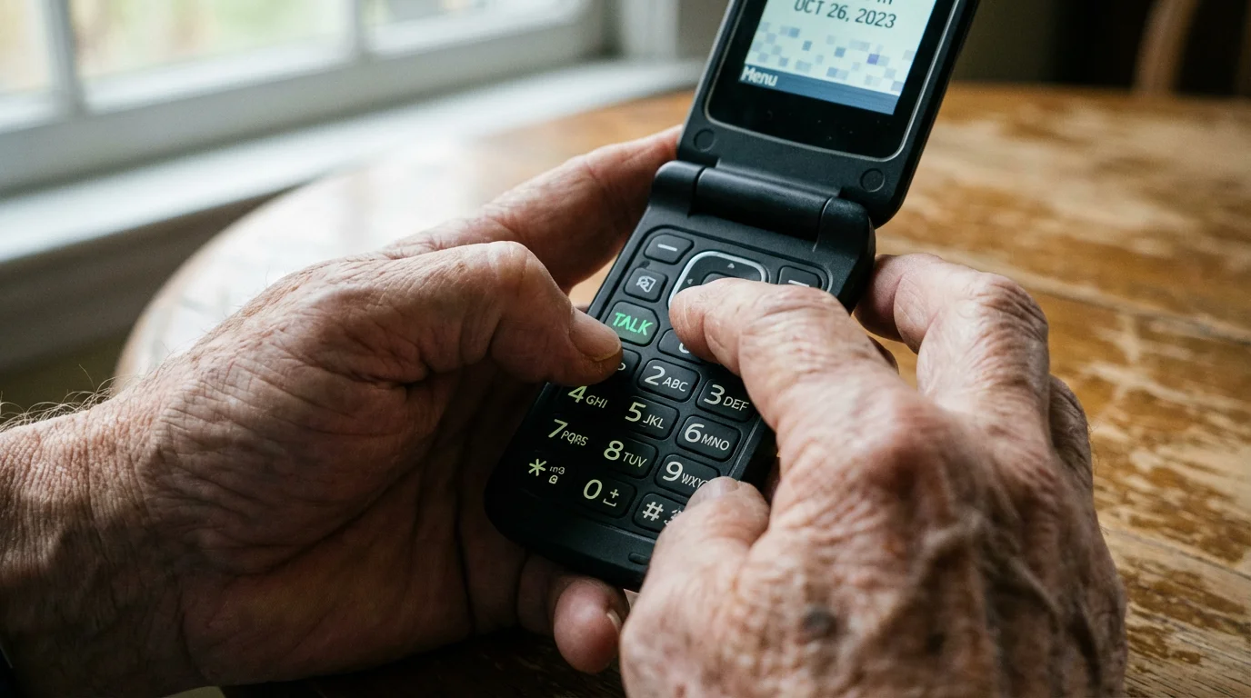 Close-up of hands holding an open flip phone, ready to dial.
