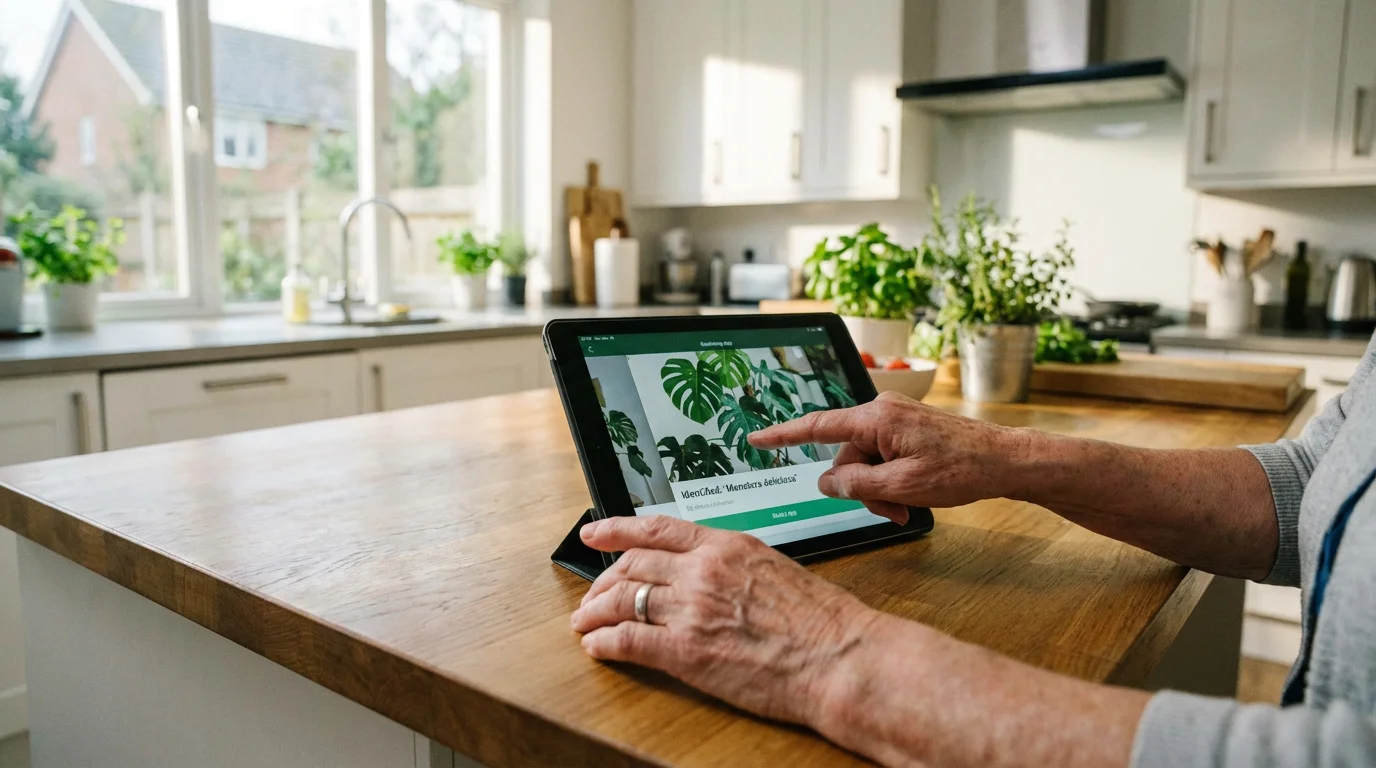 Close-up of hands navigating the settings on an iPad in a bright kitchen.