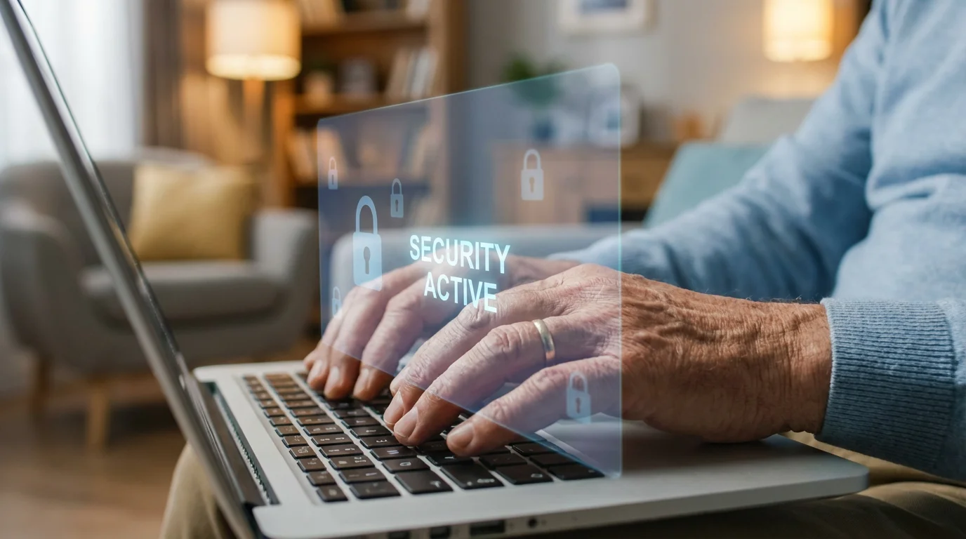 Close-up of hands on a laptop keyboard in a bright, secure home setting.