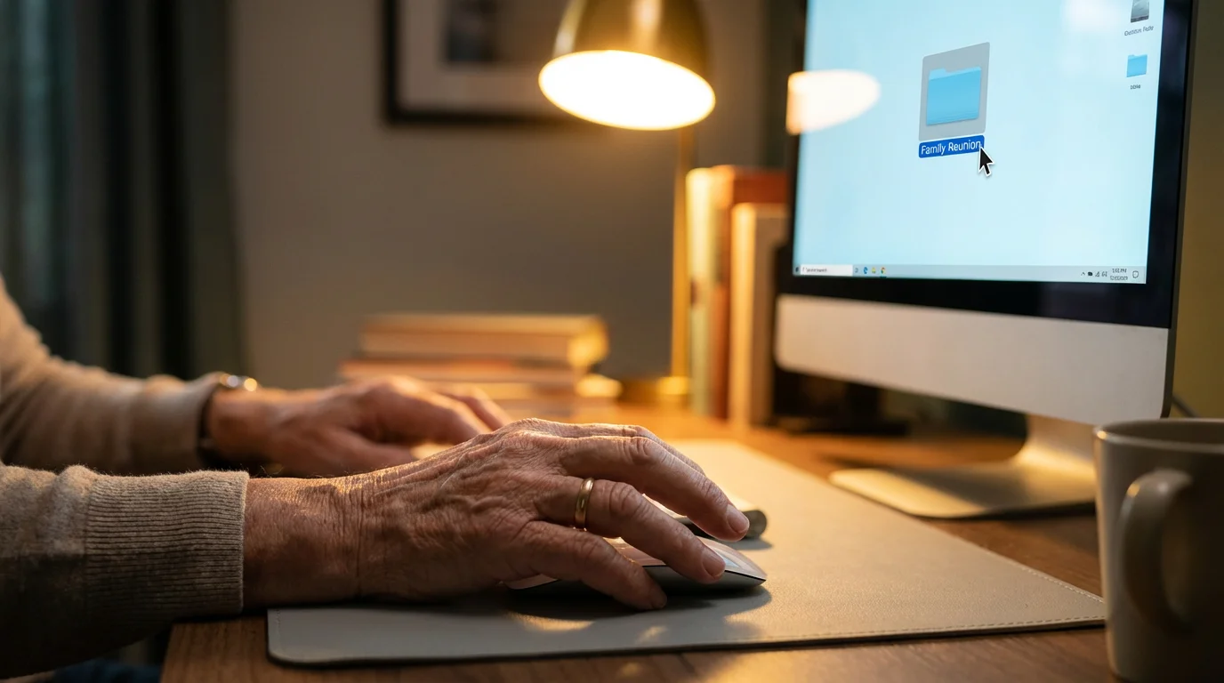 Close-up of hands organizing a digital folder on a computer screen.
