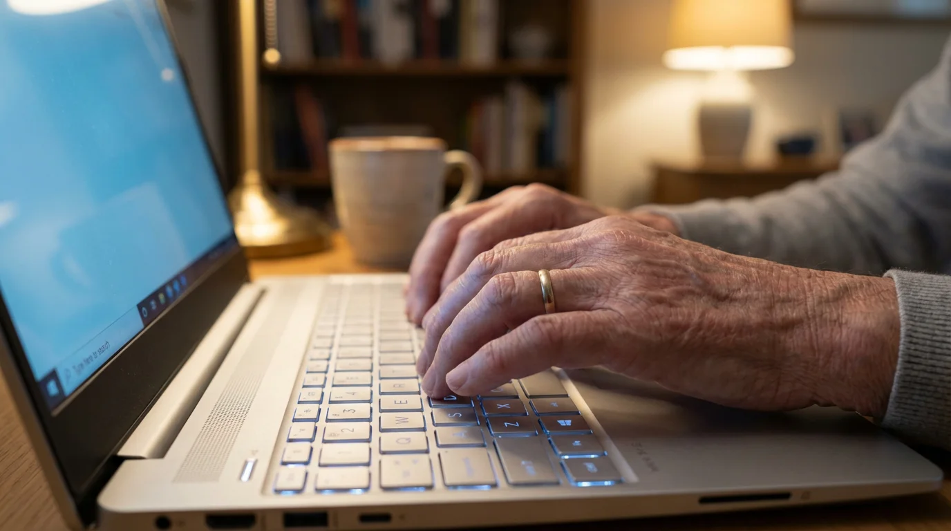Close-up of hands using a laptop in a comfortable home setting.