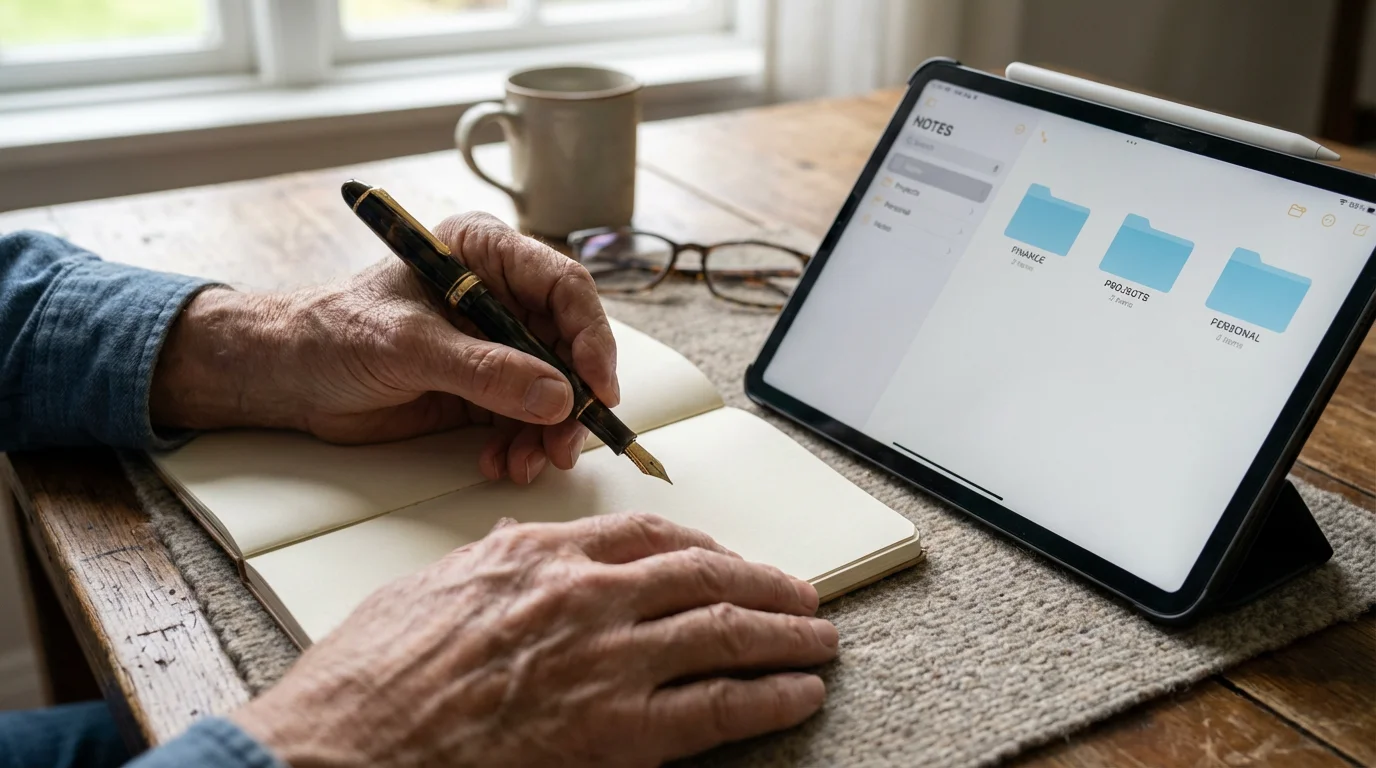Close-up of hands with a notebook and tablet on a clean wooden desk.
