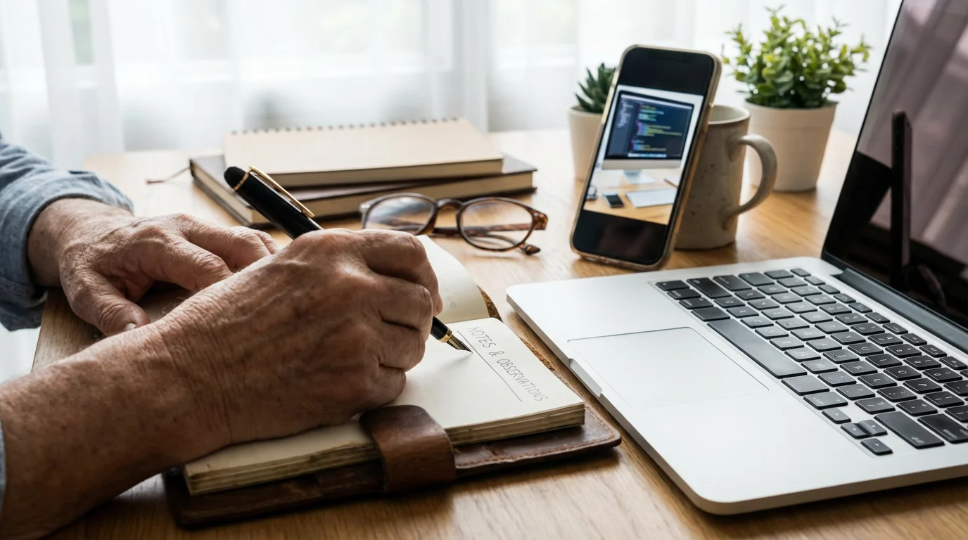 Close-up of hands writing tech notes in a notebook next to a laptop.