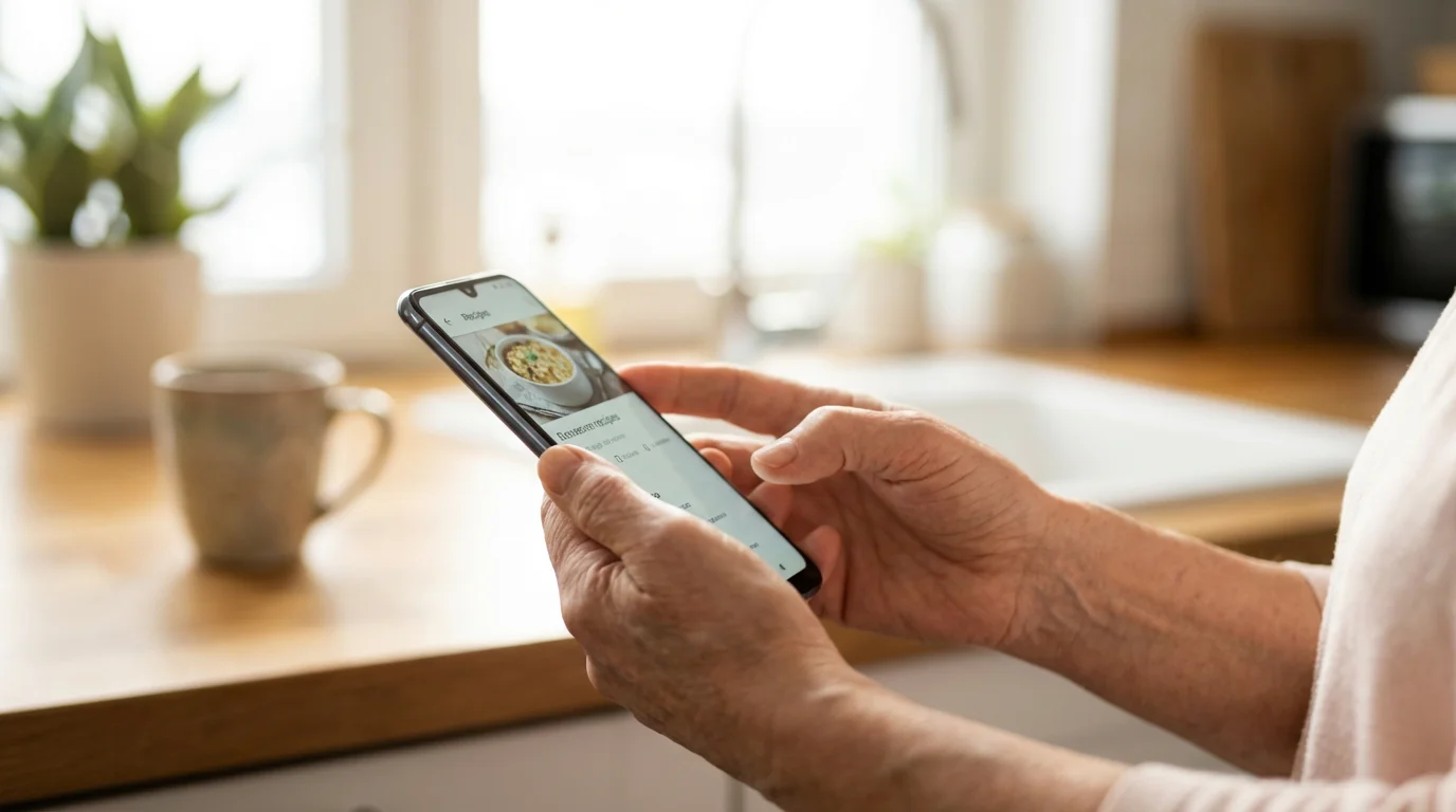 Close-up of senior hands holding an Android smartphone in a bright kitchen.