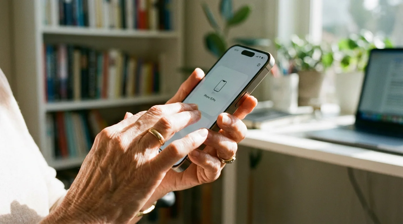 Close-up of senior hands holding an iPhone in a well-lit room.