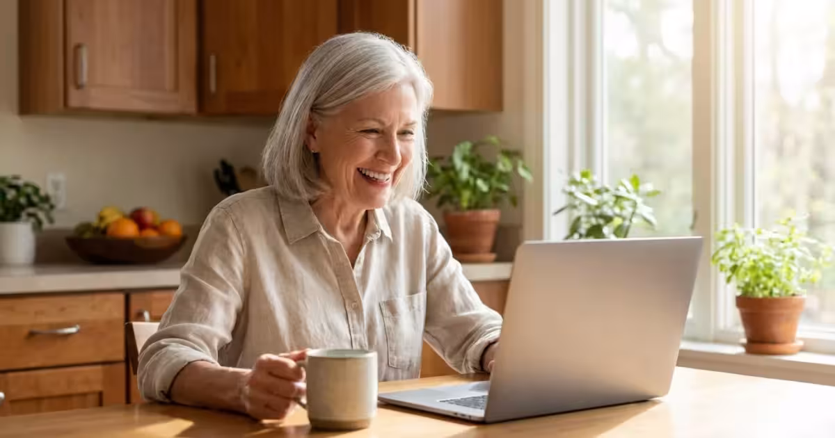 Smiling senior woman using a laptop at a sunlit kitchen table.