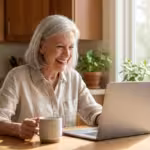 Smiling senior woman using a laptop at a sunlit kitchen table.