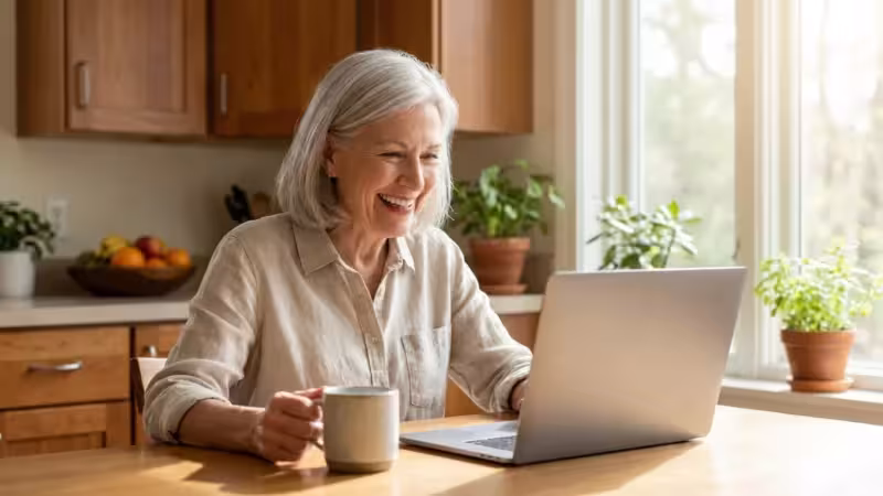 Smiling senior woman using a laptop at a sunlit kitchen table.