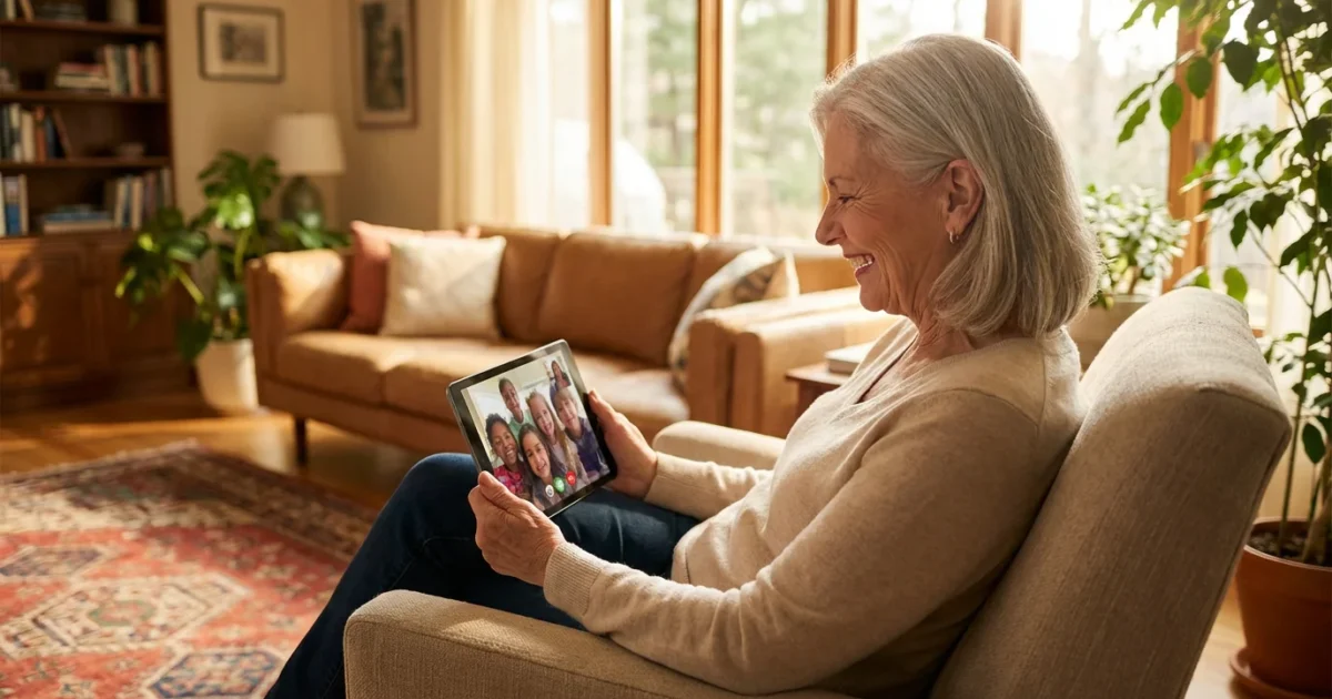 A senior woman smiling at a tablet in a bright living room, enjoying a family video.