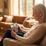 A senior woman smiling at a tablet in a bright living room, enjoying a family video.