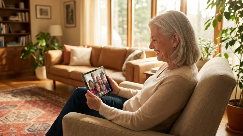 A senior woman smiling at a tablet in a bright living room, enjoying a family video.