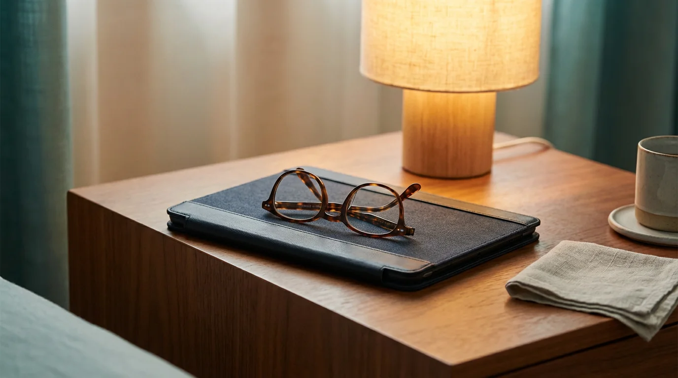 Glasses resting on a tablet on a nightstand, symbolizing security and peace of mind.