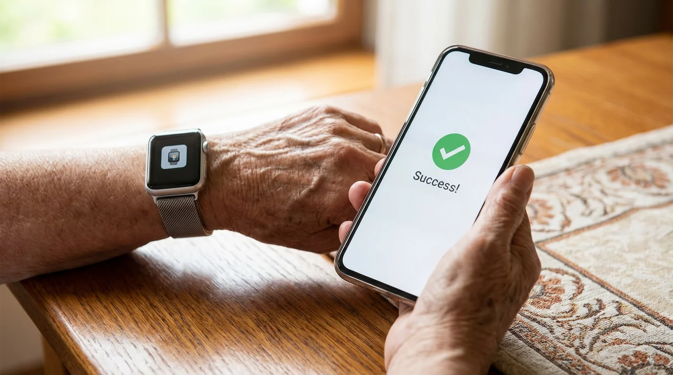 Hands holding a smartphone and smartwatch during a successful setup.