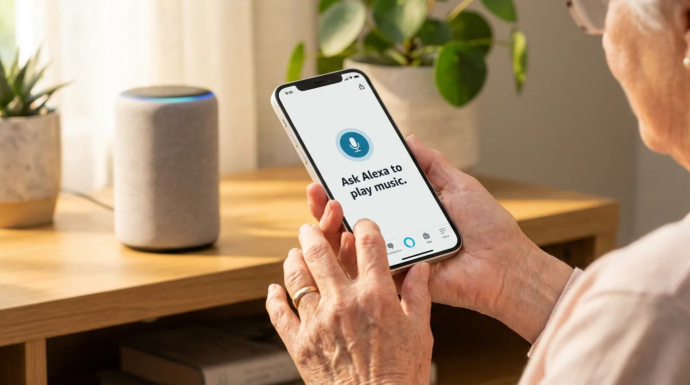 Hands holding a smartphone with a blurred smart speaker in the background.