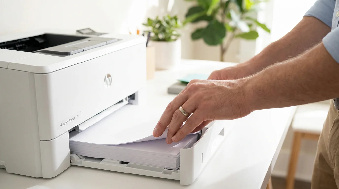 Hands loading a fresh stack of paper into a printer tray.