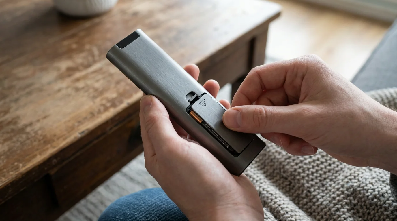 Hands opening the battery compartment of a smart TV remote.