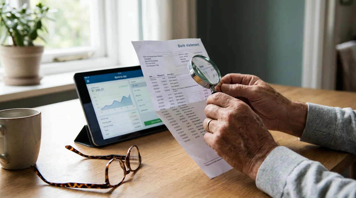 Hands reviewing a bank statement next to a tablet on a sunlit table.