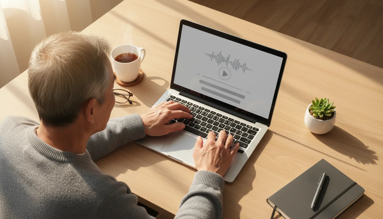 High angle flat lay of a senior man's hands near a laptop on a clean desk, showing a generic podcast app on screen, bathed in warm golden hour light.