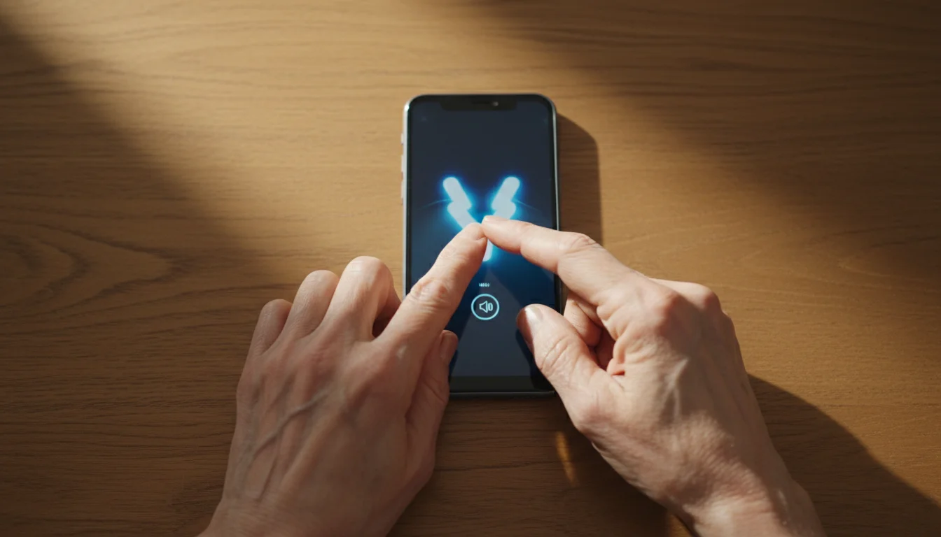 High-angle flat lay of a senior woman's hands confidently pressing a smartphone's volume button on a wooden table, illuminated by soft morning light.