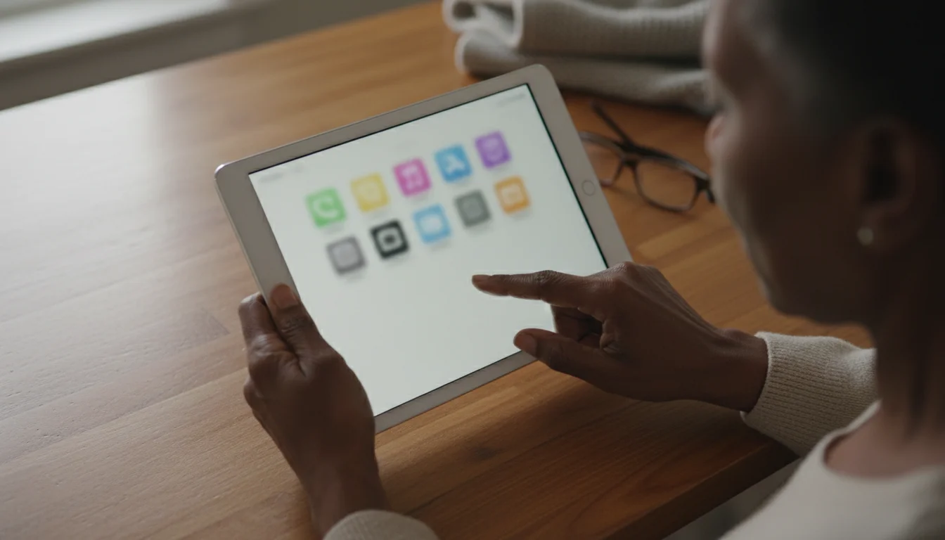 High-angle flat lay of an African American senior woman's hands holding a generic tablet, her finger hovering over blurred app icons on the screen, bathed in natural light.