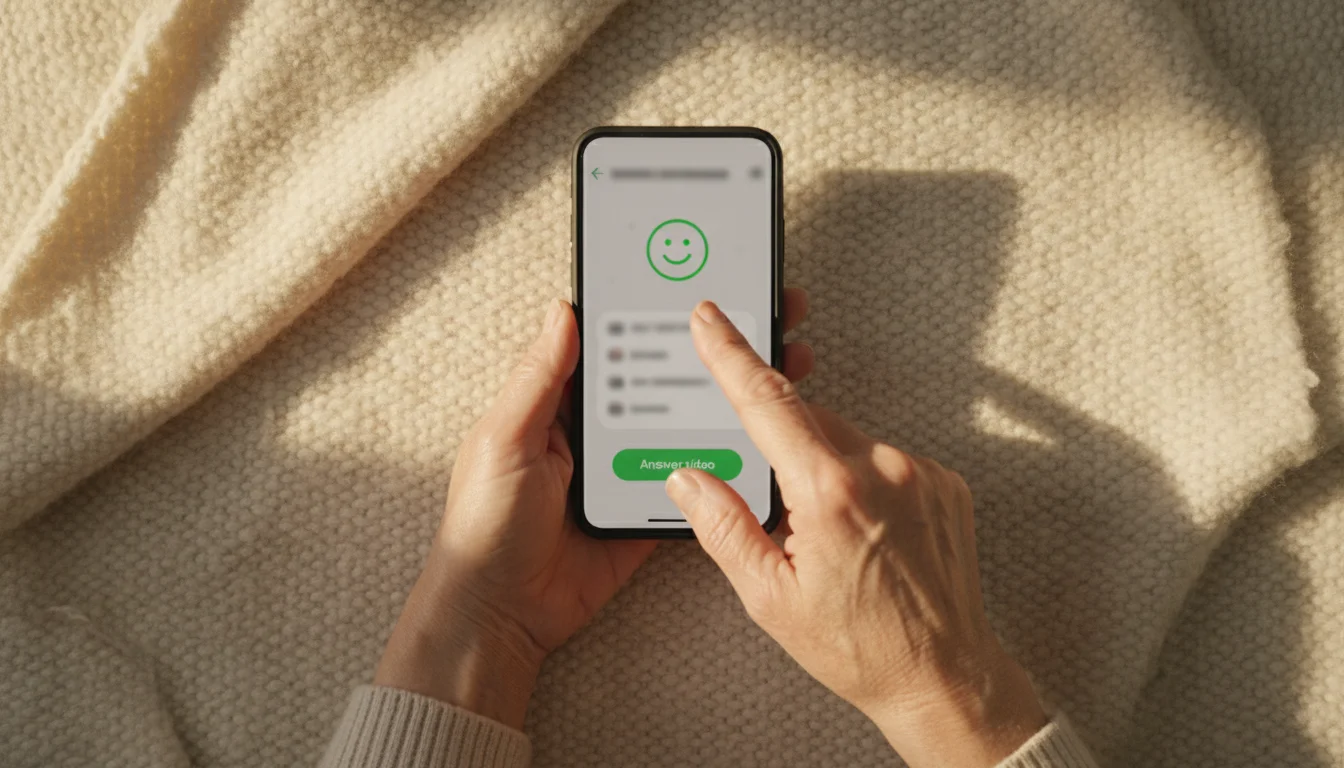 High-angle shot of a senior woman's hands swiping up on a smartphone screen to answer a video call on a messaging app.