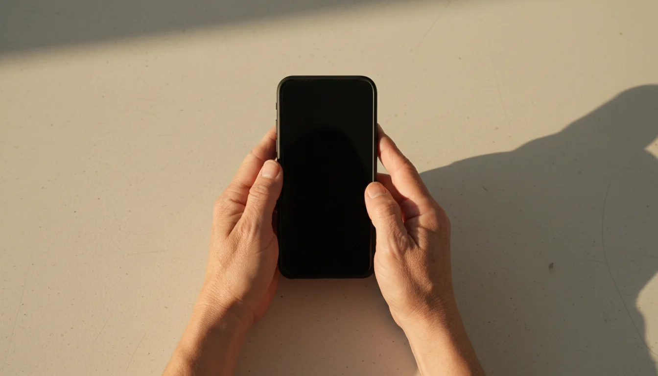 High angle view of a senior's hands gently holding a dark grey generic smartphone, which is powered off, on a simple light-colored table.