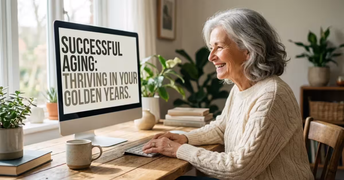 A senior woman smiling comfortably while looking at a computer screen with large, easy-to-read text in a bright home office.