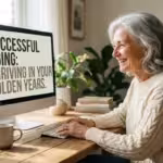 A senior woman smiling comfortably while looking at a computer screen with large, easy-to-read text in a bright home office.