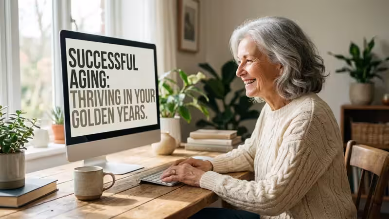 A senior woman smiling comfortably while looking at a computer screen with large, easy-to-read text in a bright home office.