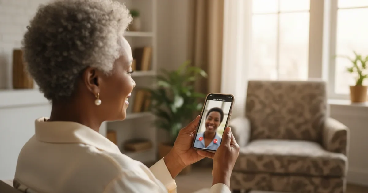 An elegant Black senior woman smiles confidently during a video call on her smartphone in a warmly lit living room, viewed over her shoulder.