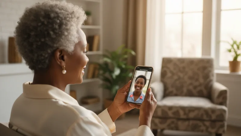 An elegant Black senior woman smiles confidently during a video call on her smartphone in a warmly lit living room, viewed over her shoulder.