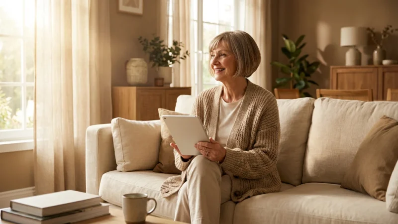 A senior woman smiling confidently while using her tablet in a sunlit, cozy living room.