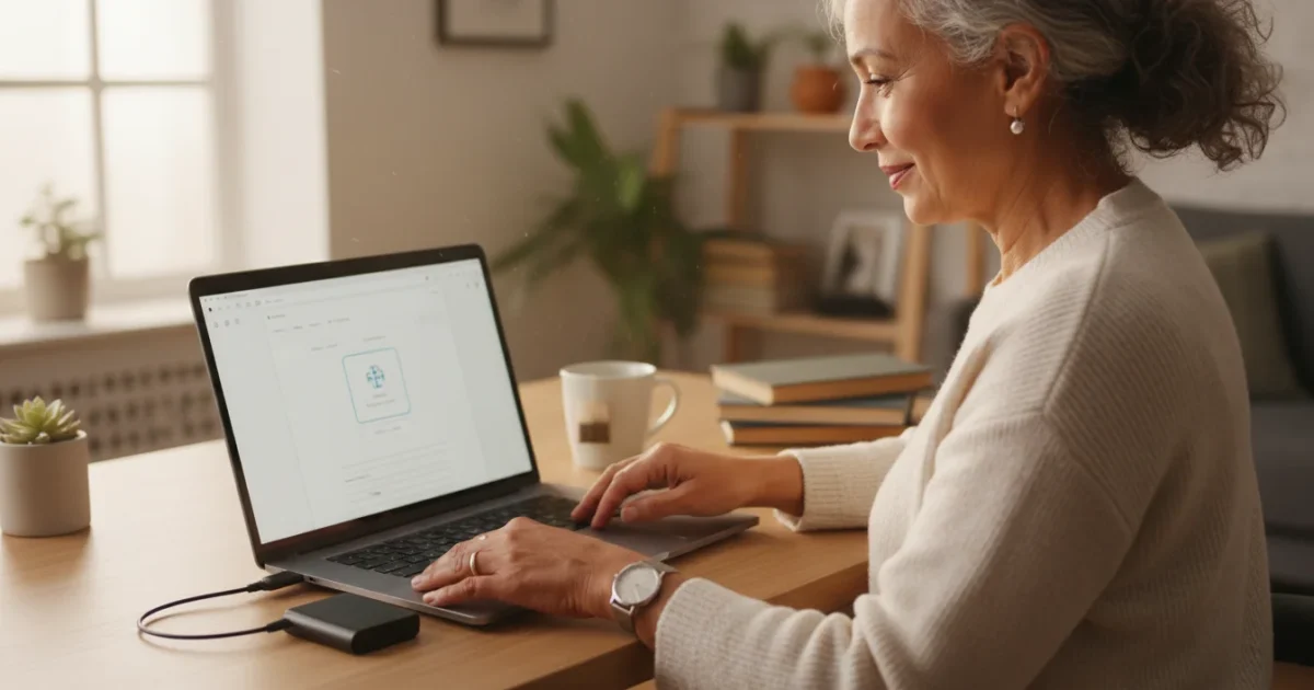 An over-the-shoulder view of a senior woman connecting an external hard drive to her laptop in a home office, with warm natural light.