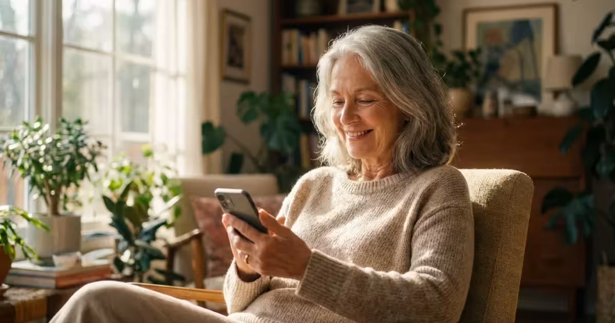 A senior woman smiling while holding her smartphone in a bright, peaceful living room.