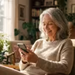 A senior woman smiling while holding her smartphone in a bright, peaceful living room.