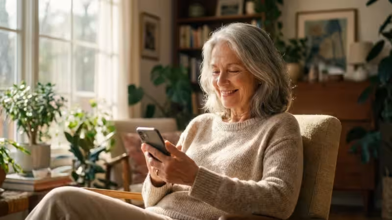 A senior woman smiling while holding her smartphone in a bright, peaceful living room.