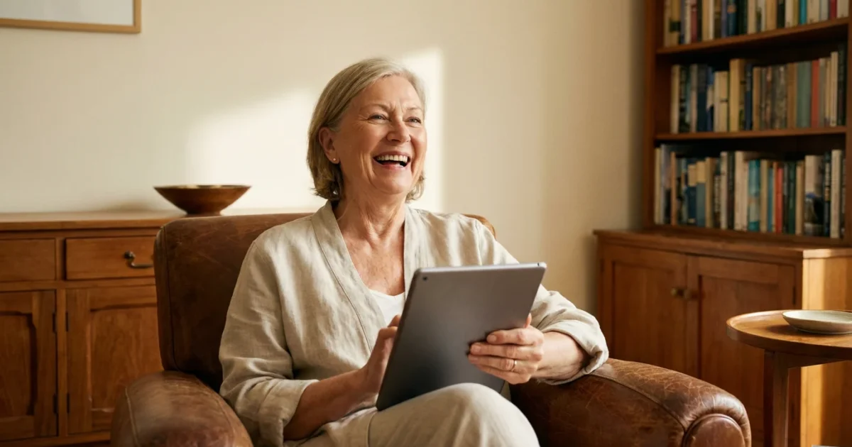 A smiling senior woman comfortably using a tablet in a bright, warm living room.